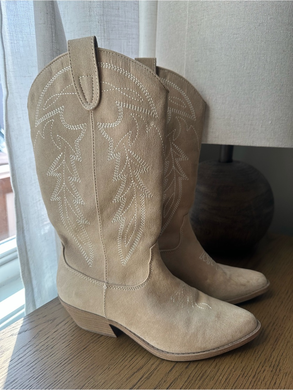 Suede Western Heeled Boots in Beige